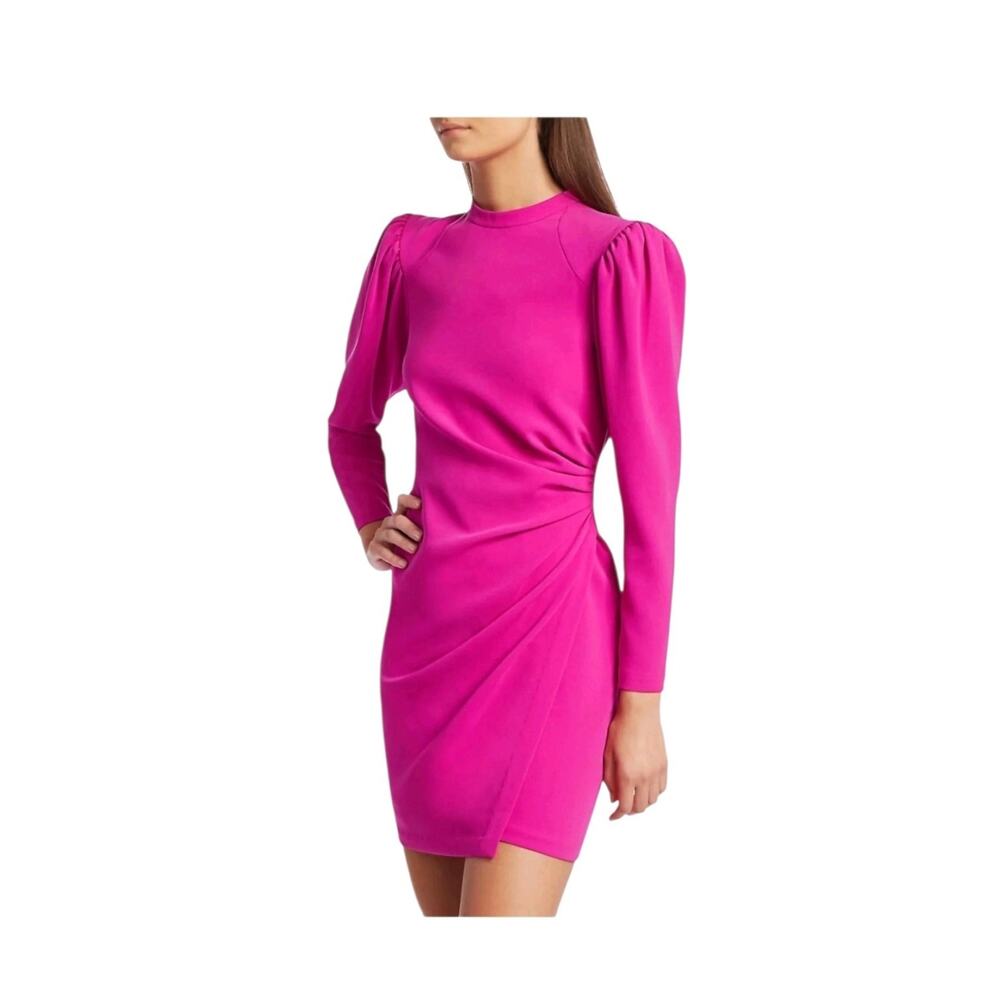 A.L.C. Jane Ruched Puff Sleeve Crepe Mini Dress in Shocking Pink, Women's Size 6